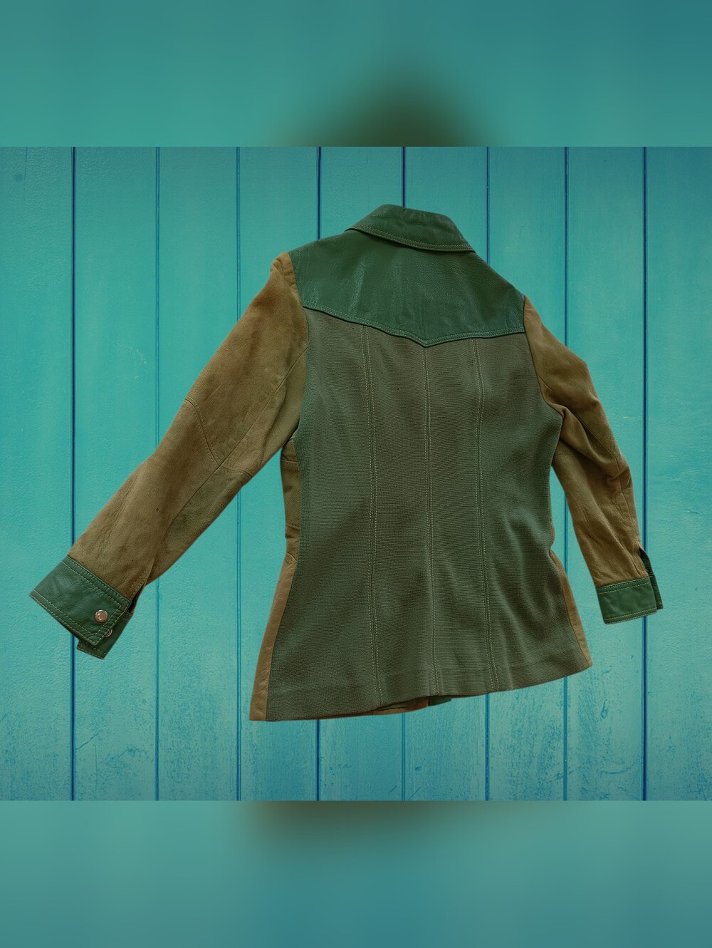 Rare True Vintage 70s Multi Tone Green Suede Leather Knit Back Tailored Jacket - Picture 2 of 12